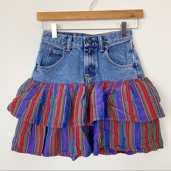 VTG WRANGLER Y2K Recycled Denim Ruffle skirt Tiny Size 23 Stripes Retro - Picture 2 of 6